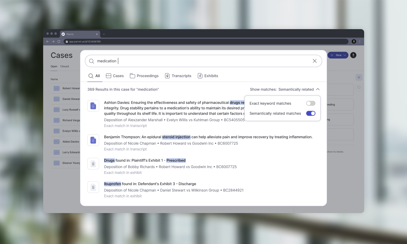 Интерфейс Parrot с семантическим поиском по делу и результатами для запроса medication.