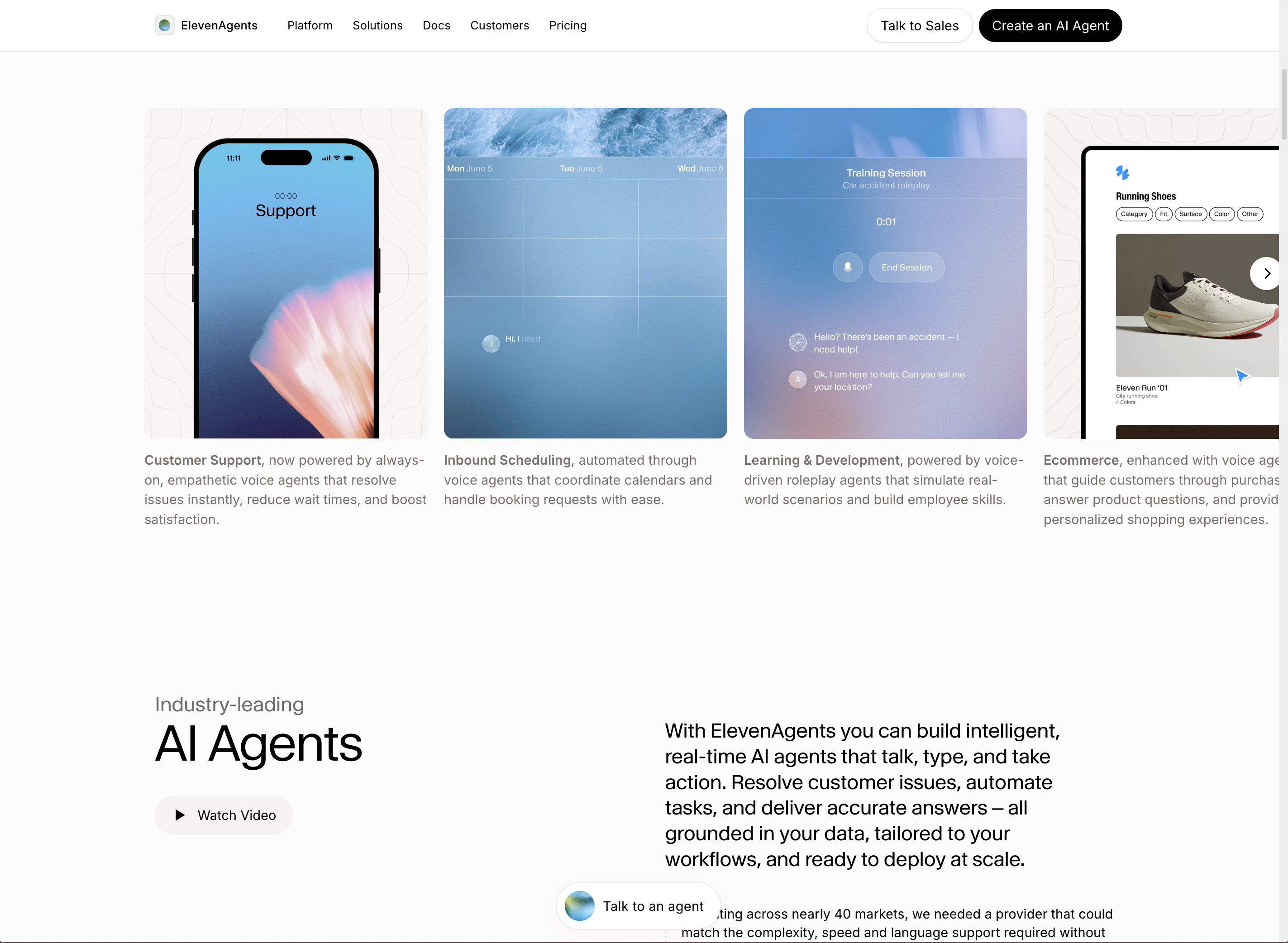 Секция ElevenAgents о голосовых ассистентах для клиентской поддержки на сайте ElevenLabs.